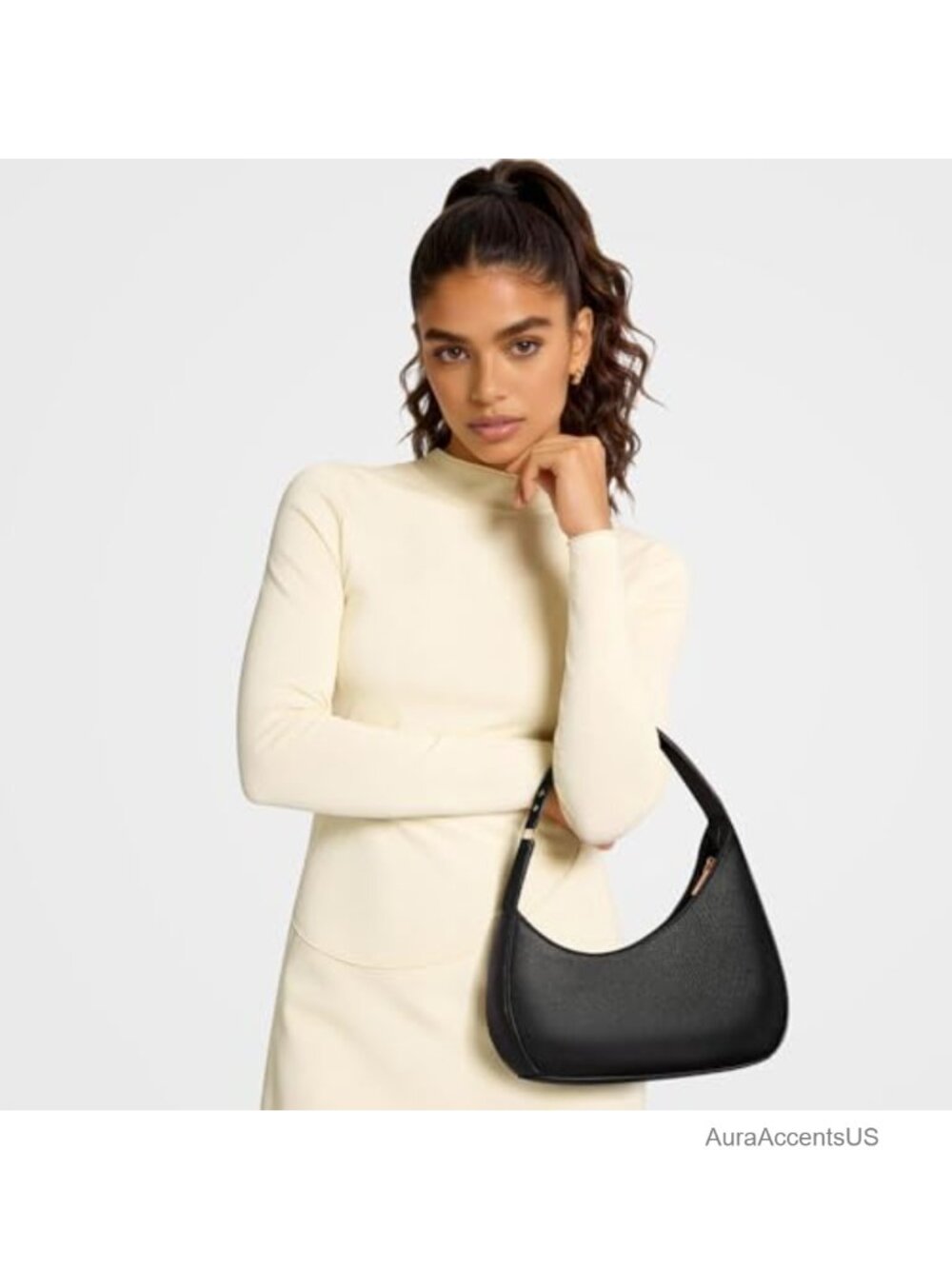 PU Leather Crescent Shoulder Bag with Zipper, Mini Handbag - Picture 3 of 6